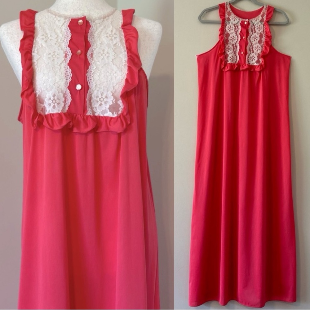 Vintage Aristocraft Nightgown Coral Maxi Ruffle Lace Bib Pearlescent Button Lrg